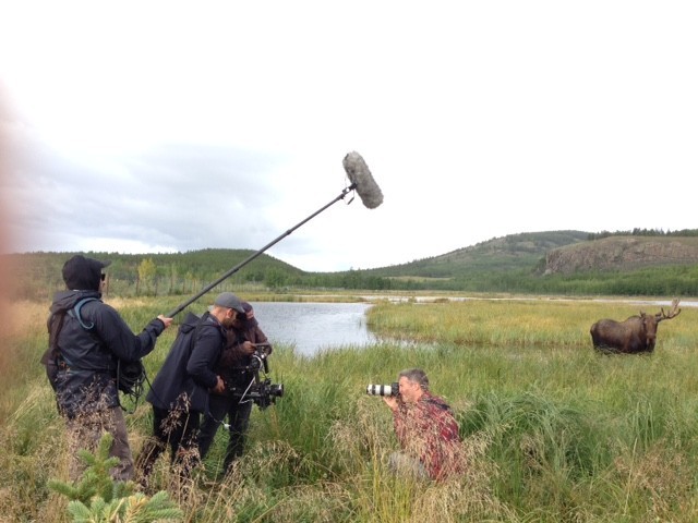 Our Mowad Productions team in the marsh filming Matthieu Paley on assignment outside of Whitehorse.